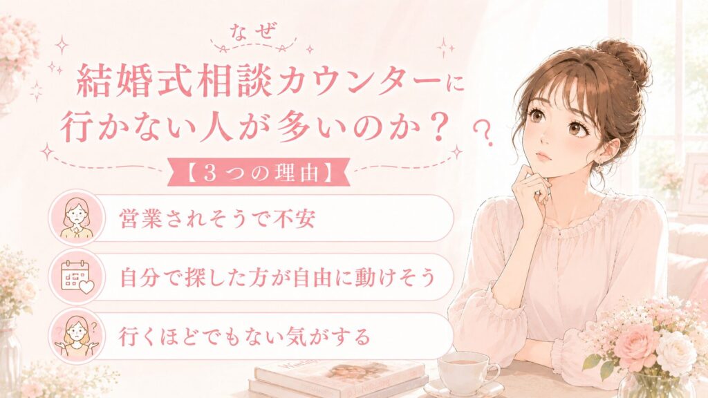 結婚式相談カウンターに行かない理由を考えるカップル