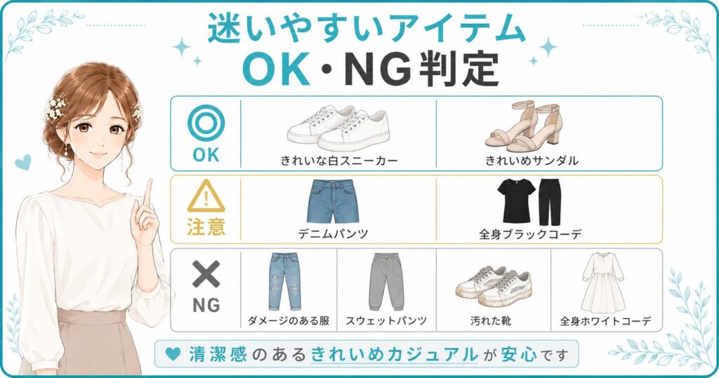ブライダルフェアの服装、迷いやすいアイテムをOK・NGで判定