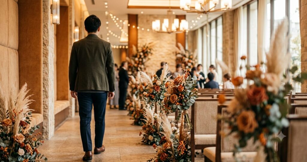 ブライダルフェアの服装（男性・秋）ジャケット＋ニット＋パンツ