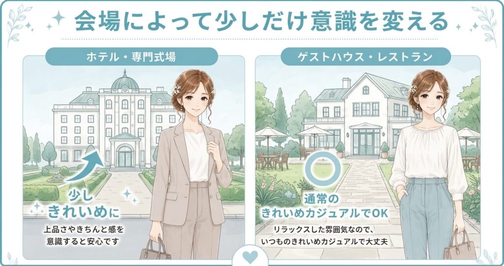 格式の高いホテル会場は、ブライダルフェアの服装を少しきれいめにすると安心