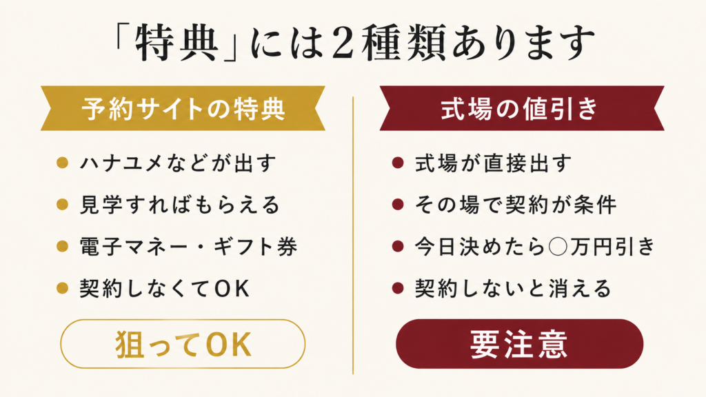 ブライダルフェアの特典2種類の違い。予約サイトが出す電子マネーは見学だけでもらえ、式場が出す値引きは契約が条件